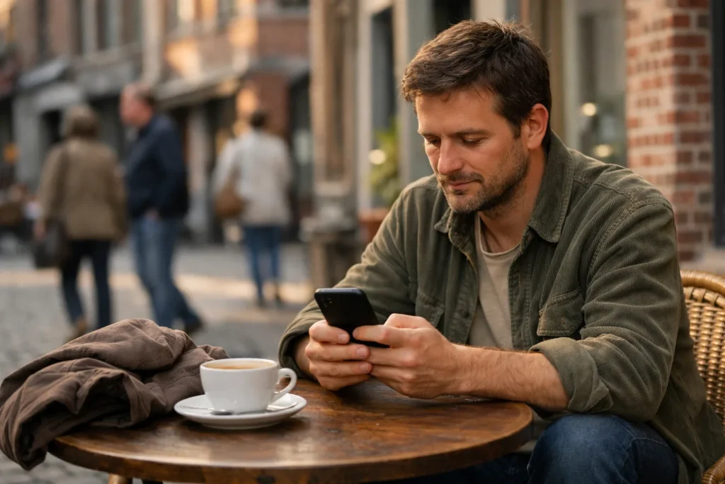 Persoon gebruikt een smartphone op een caféterras om een TikTok bericht klaar te zetten.
