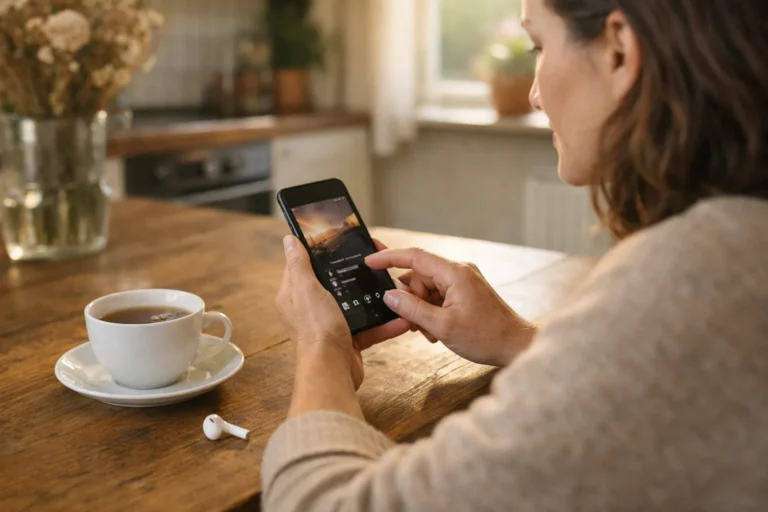 Persoon die aan de keukentafel op een smartphone een Instagram Story met muziek voorbereidt.