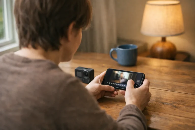 Iemand bekijkt zelf gefilmde beelden op een telefoon om een video voor TikTok te maken.