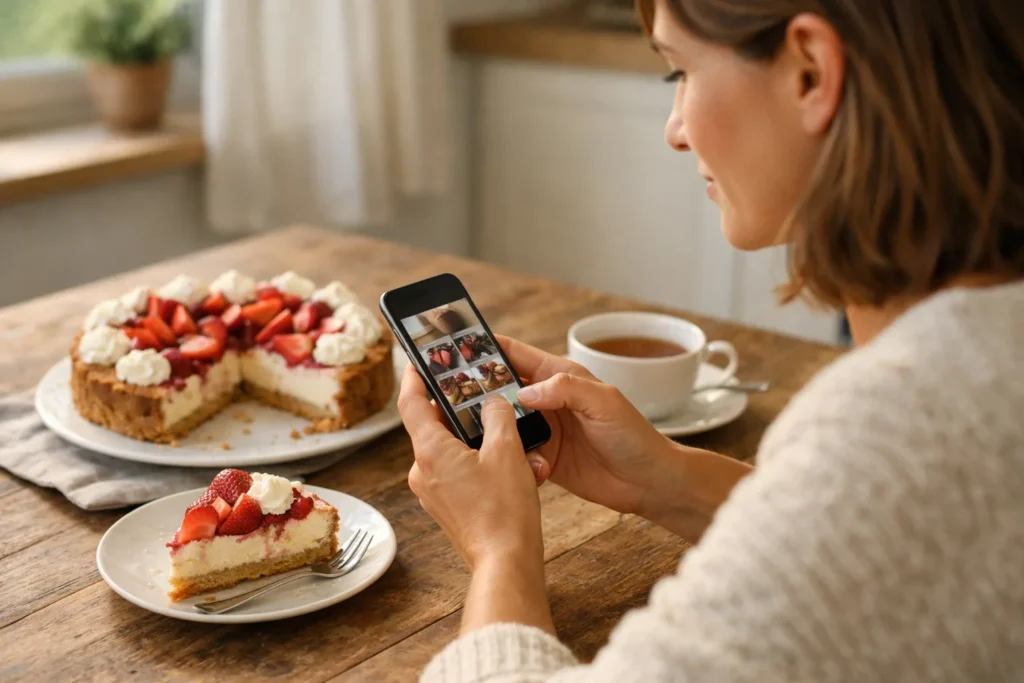 Persoon bekijkt een smartphone naast een zelfgebakken taart om foto’s voor een Instagram Story te kiezen.