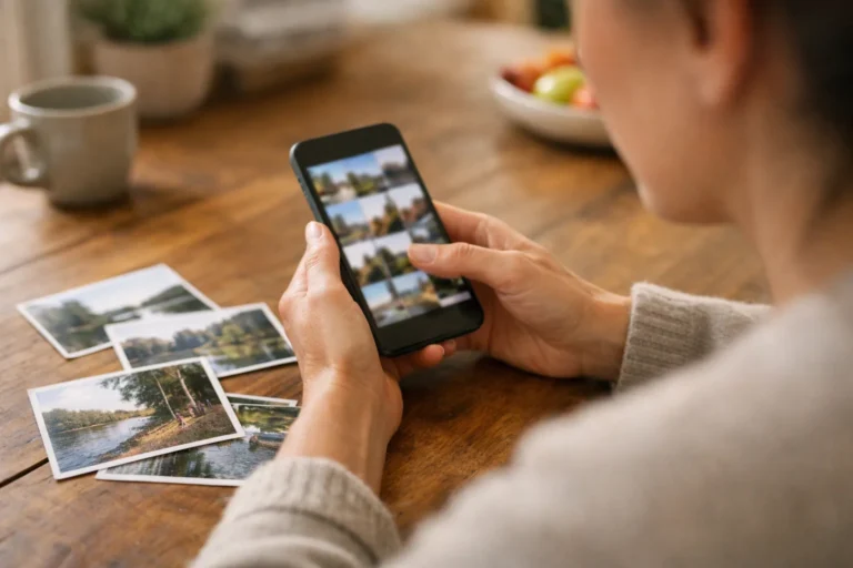 Iemand kiest thuis foto’s op een telefoon voor een reeks op TikTok.