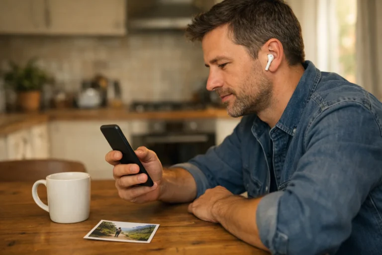 Persoon aan de keukentafel beluistert muziek op een telefoon voor een Facebook bericht.