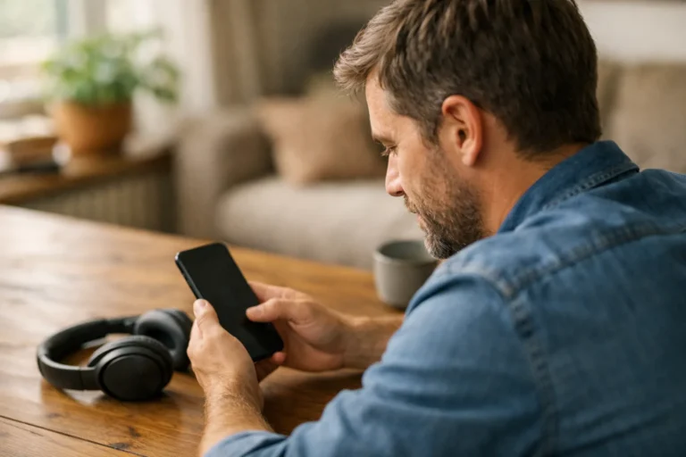 Persoon bekijkt een smartphone met een koptelefoon ernaast op tafel.
