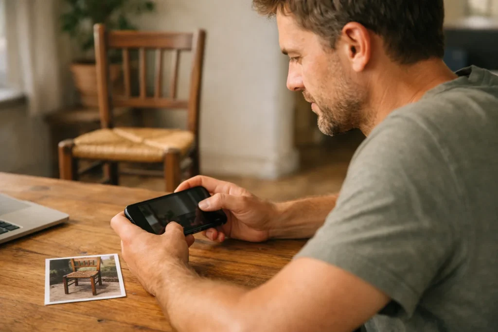 Persoon bewerkt een video op een telefoon, met een foto van een oude stoel op tafel en de opgeknapte stoel op de achtergrond.