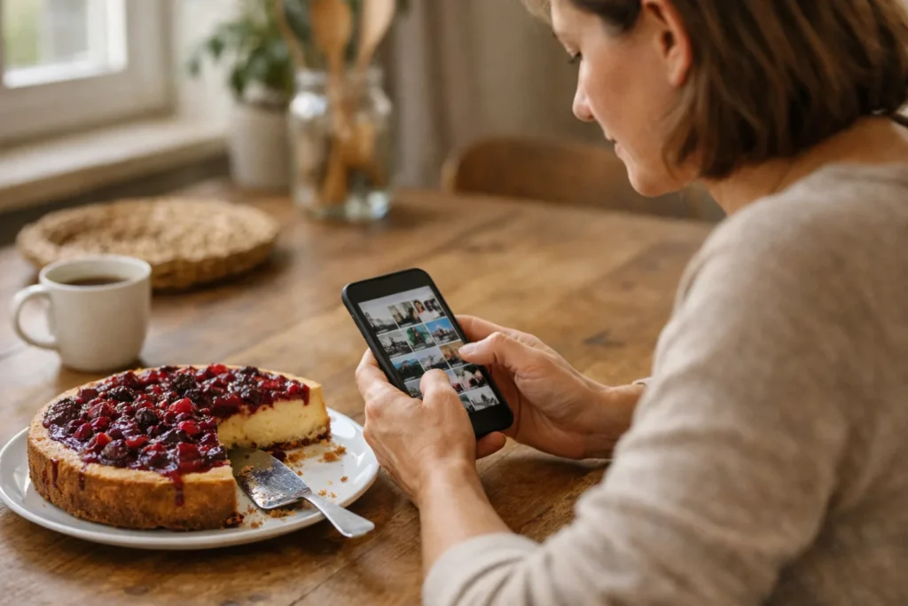 Iemand kiest foto’s op een telefoon aan de keukentafel, naast een zelfgebakken taart.
