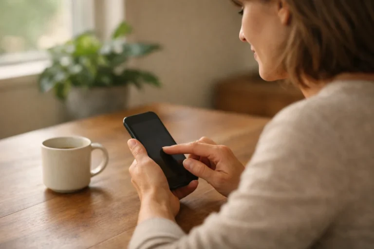 Persoon die thuis aan de keukentafel een profieltekst op een smartphone aanpast.