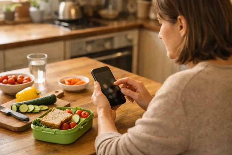 Persoon bekijkt een smartphone naast een lunchtrommel tijdens het bewerken van een TikTok video.