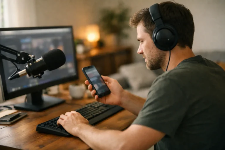 Persoon met een smartphone aan een bureau met microfoon en computer voor het streamen.
