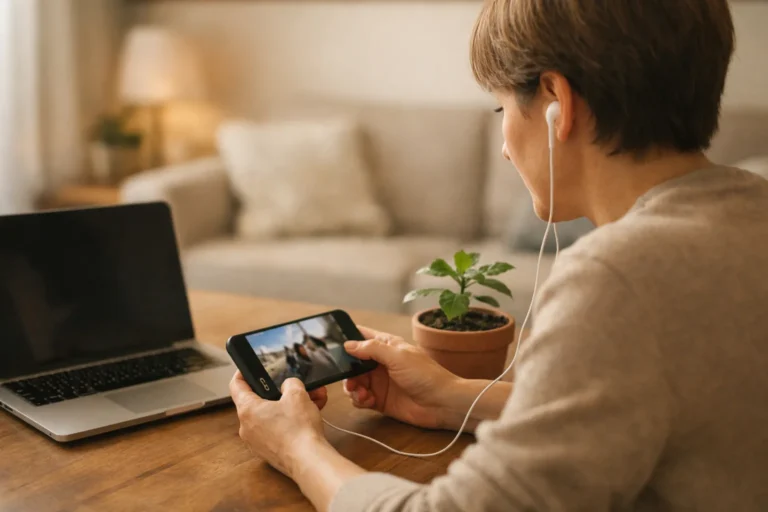 Persoon luistert met oortjes naar het geluid van een eigen video op een telefoon.