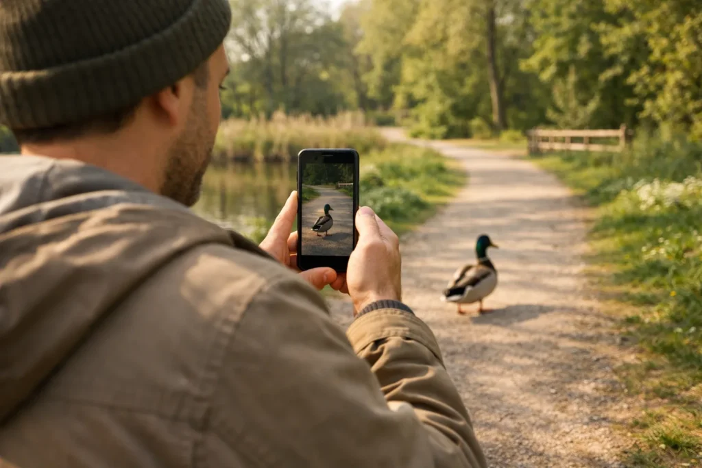 Een wandelaar filmt met een smartphone een eend in het park voor een Instagram story.