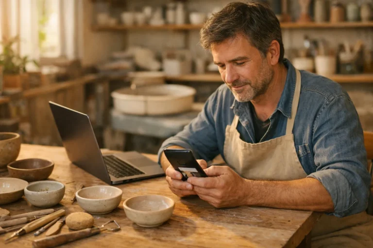 Workshopbegeleider bereidt met een telefoon en laptop een Instagram advertentie voor een pottenbakworkshop voor.