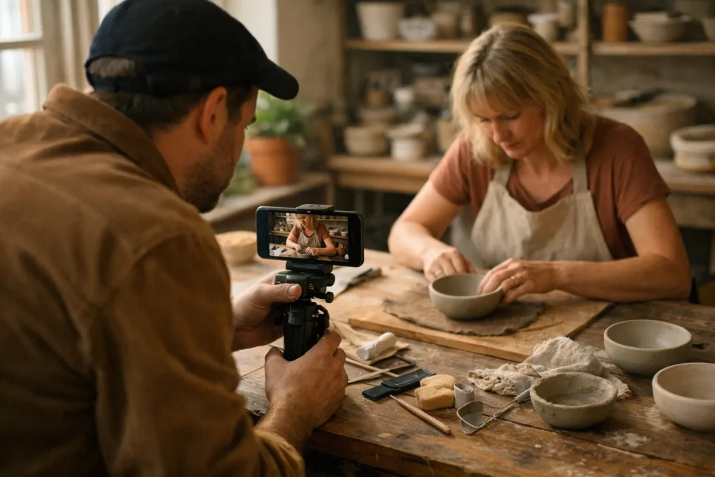 Een maker filmt met een telefoon hoe iemand een keramisch schaaltje vormt voor een advertentievideo.