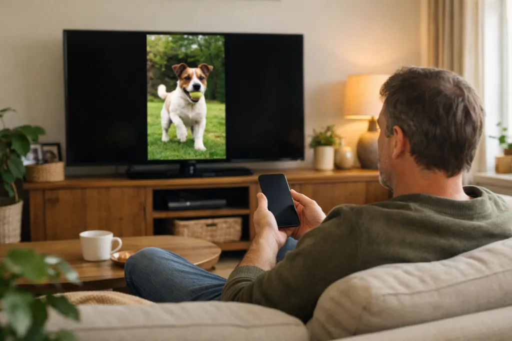 Iemand bedient een iPhone op de bank terwijl een staande video op de televisie speelt.