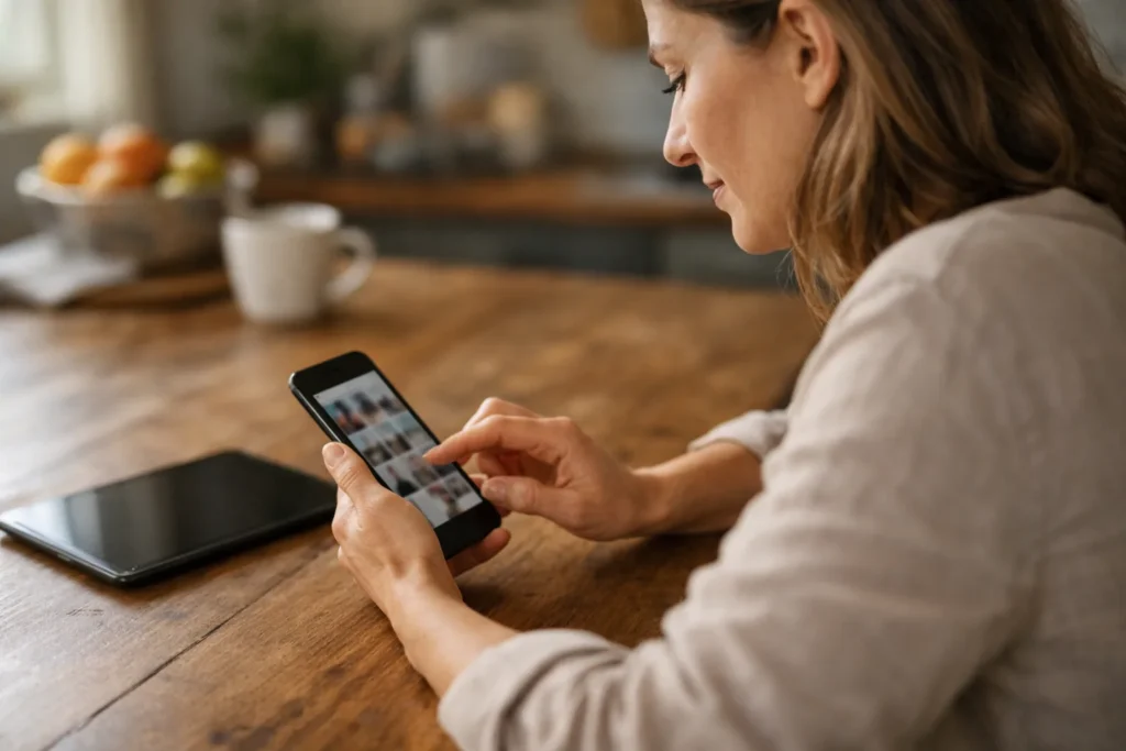 Persoon gebruikt een smartphone aan de keukentafel om foto's voor Instagram te kiezen.