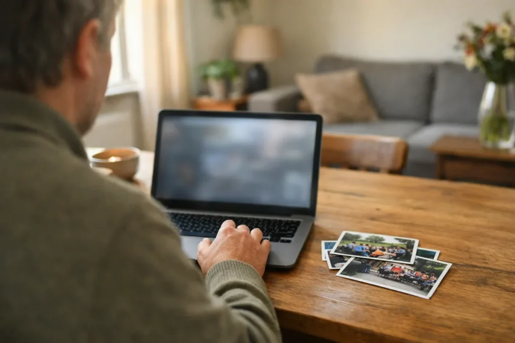 Persoon bekijkt een laptop aan de eettafel met foto's van een buurtbijeenkomst ernaast.