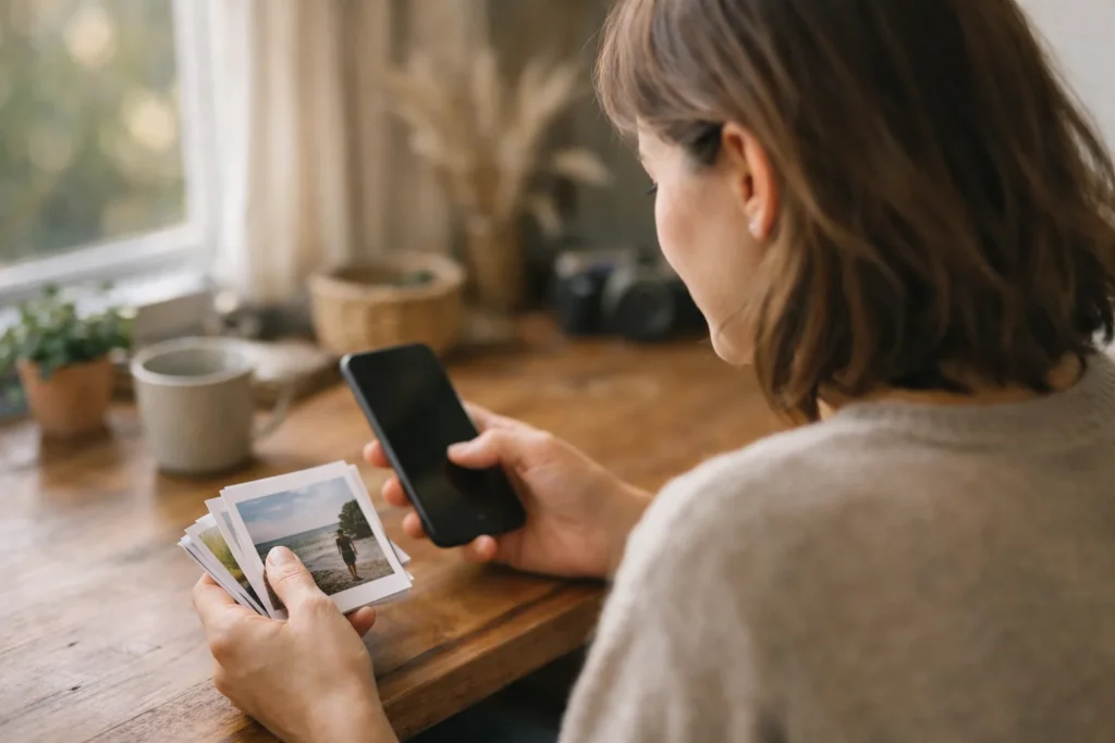 Iemand bekijkt een telefoon aan tafel om oude verhalen op het eigen profiel op te ruimen.