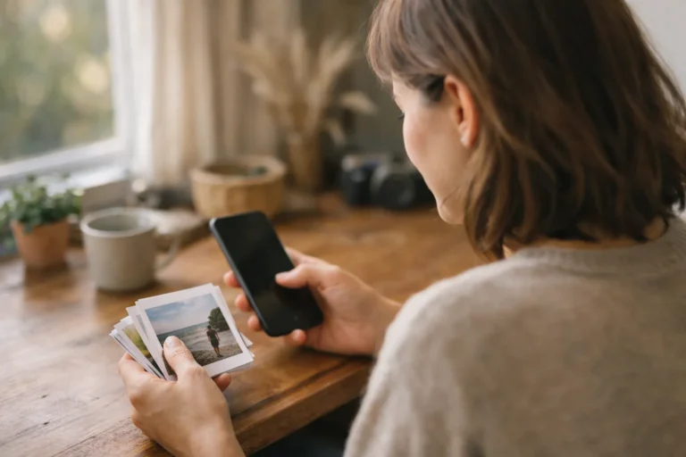 Iemand bekijkt een telefoon aan tafel om oude verhalen op het eigen profiel op te ruimen.