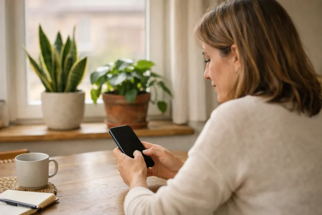 Persoon gebruikt een smartphone aan de keukentafel met twee kamerplanten op de vensterbank.