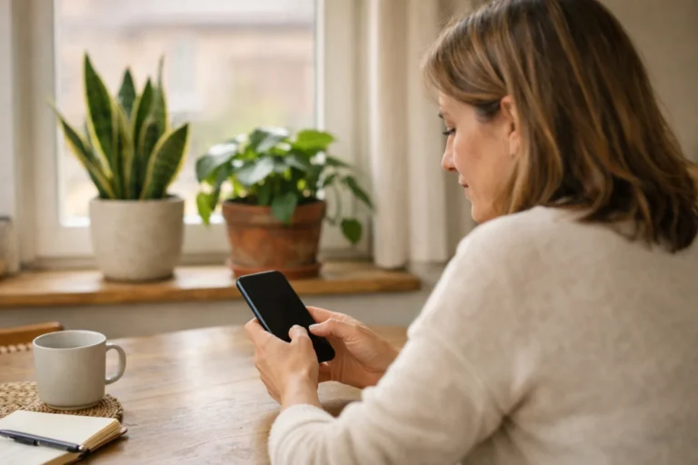 Persoon gebruikt een smartphone aan de keukentafel met twee kamerplanten op de vensterbank.