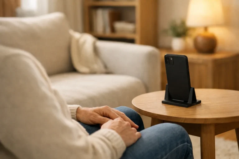 Een persoon kijkt naar een telefoon in een houder zonder het scherm aan te raken.
