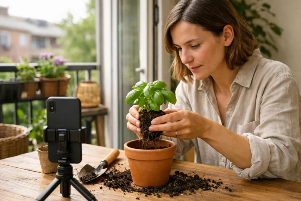 Persoon filmt met een telefoon op statief hoe je een basilicumplant verpot voor een TikTok video.