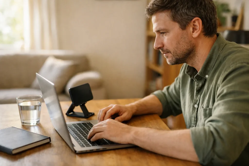 Persoon aan een tafel die met een telefoon en laptop een live gesprek volgt.