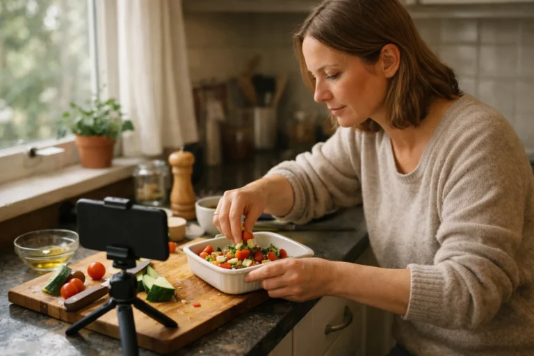 Beginnende Instagram maker filmt in de keuken de bereiding van een maaltijd voor één persoon.