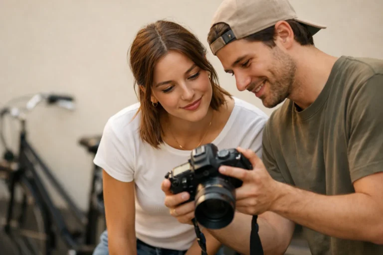 Beginnend model bekijkt samen met een vriend de foto’s tijdens een portfoliosessie buiten.