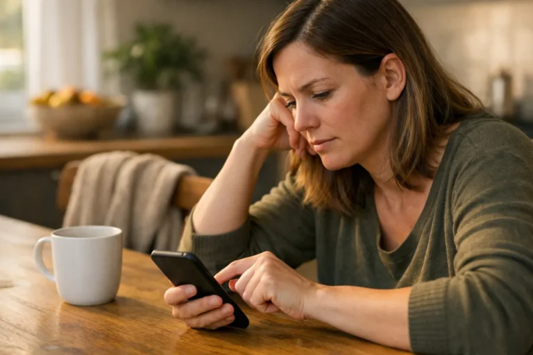 Persoon houdt een vinger op een telefoonscherm tijdens het bekijken van video's aan de keukentafel.