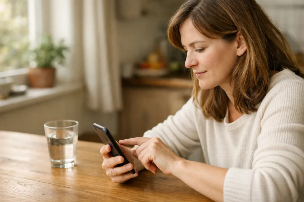Een persoon bekijkt een smartphone aan een houten keukentafel.