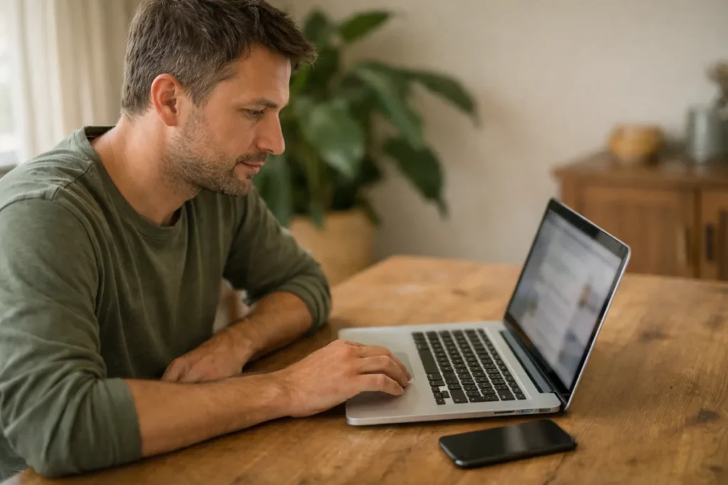 Persoon bekijkt een laptop aan de keukentafel tijdens het beheren van een Facebook pagina.