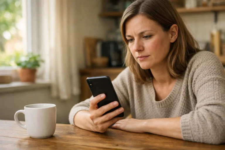 Persoon bekijkt thuis een telefoon om ongewenst contact op Instagram te blokkeren.