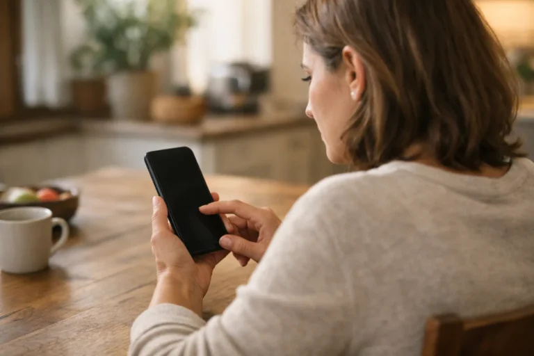 Persoon bekijkt een smartphone aan een houten keukentafel.