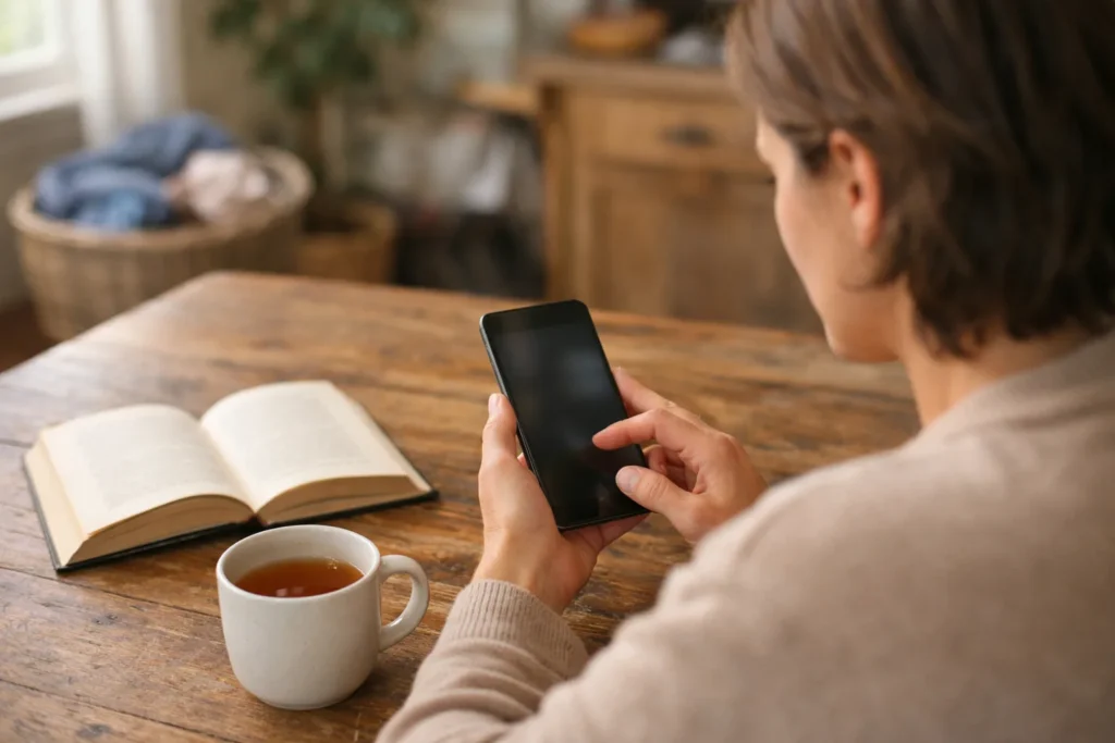 Persoon bekijkt een Android telefoon aan de keukentafel om het gebruik van TikTok te beperken.