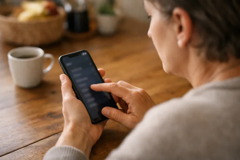 Een volwassene bekijkt een iPhone aan de keukentafel om het gebruik van TikTok te beperken.