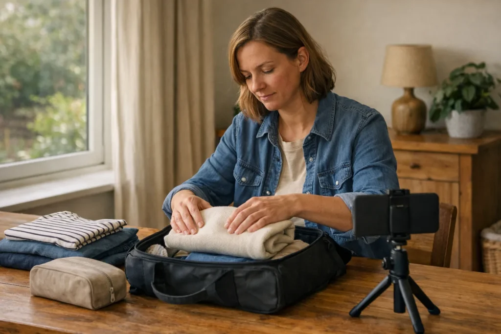Persoon filmt thuis met een smartphone hoe kleding in een kleine weekendtas wordt ingepakt.