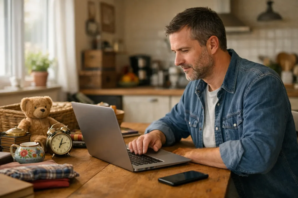 Persoon aan de keukentafel die op een laptop een bericht over een buurtrommelmarkt voorbereidt.