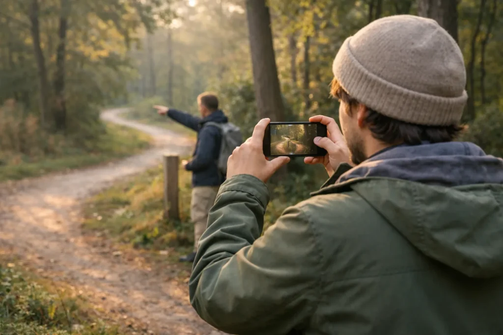 Een wandelaar filmt een bospad met een smartphone voor een Instagram bericht over wandelroutes.