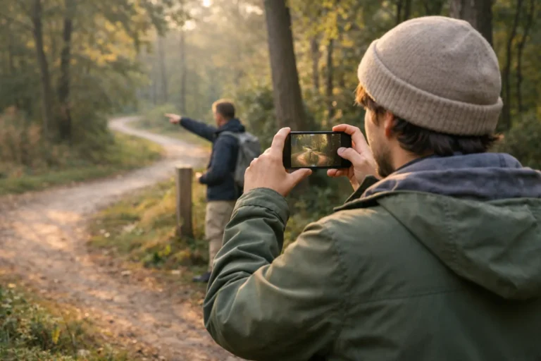 Een wandelaar filmt een bospad met een smartphone voor een Instagram bericht over wandelroutes.