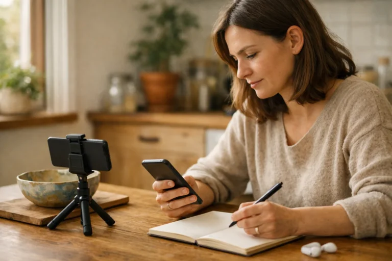 Persoon bekijkt een telefoon en plant aan de keukentafel de promotie van een korte video.
