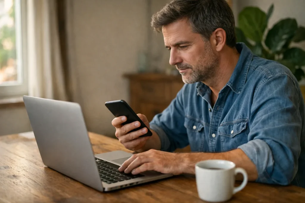 Persoon bekijkt informatie op een laptop en telefoon voor het kopen van Facebook volgers.