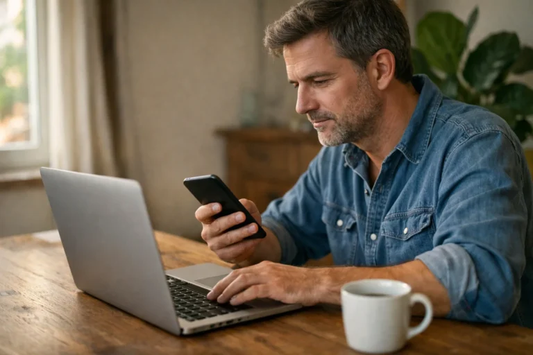 Persoon bekijkt informatie op een laptop en telefoon voor het kopen van Facebook volgers.
