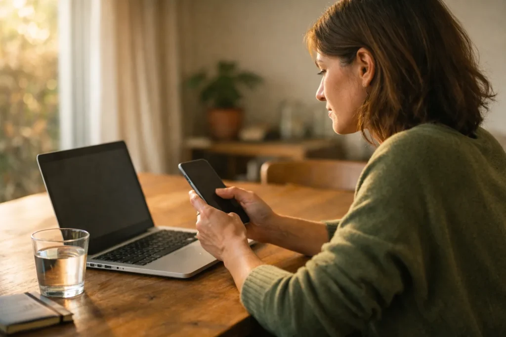 Persoon aan een eettafel die met een telefoon en laptop een aankoop van Instagram volgers beoordeelt.