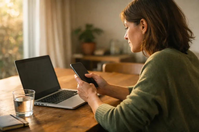 Persoon aan een eettafel die met een telefoon en laptop een aankoop van Instagram volgers beoordeelt.
