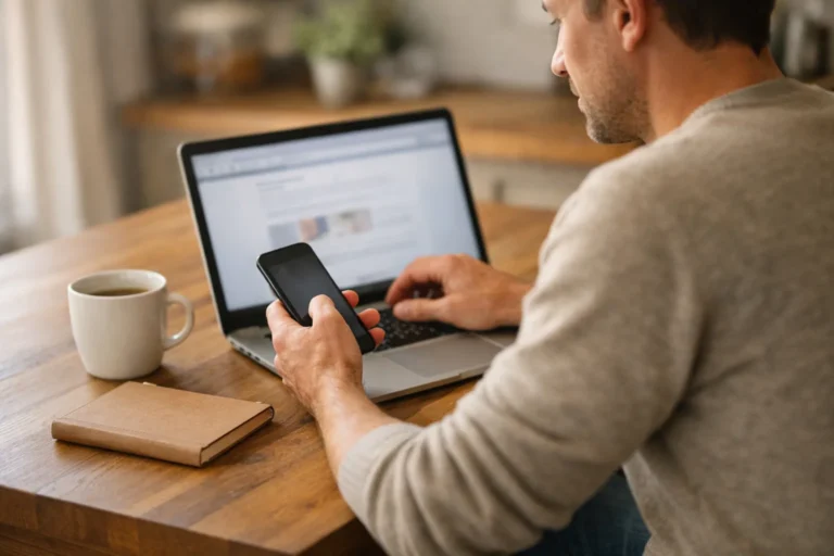 Persoon aan een keukentafel die op een laptop en telefoon informatie over Instagram likes kopen bekijkt.