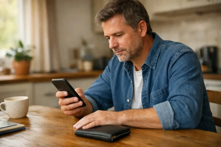 Een volwassene controleert thuis een aankoop op de telefoon, met een portemonnee op tafel.