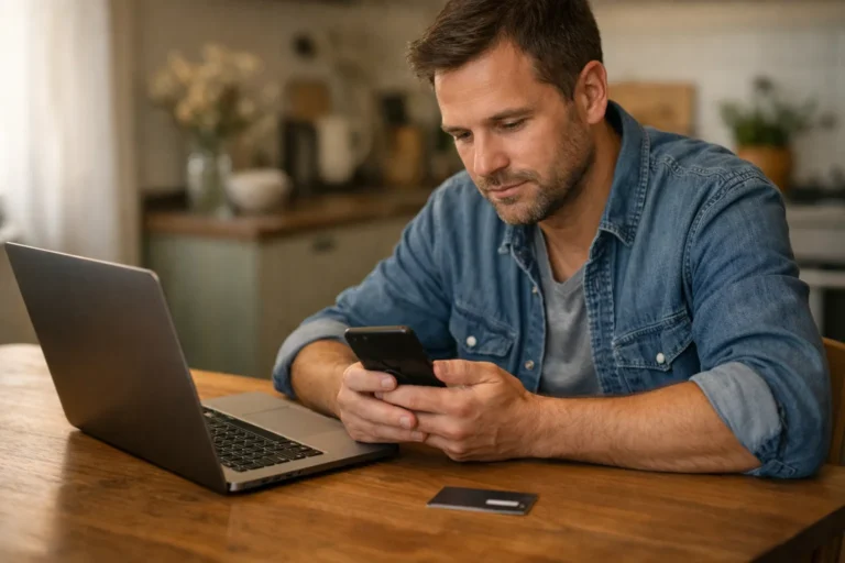 Persoon bekijkt een telefoon naast een laptop en bankpas voordat die een online aankoop doet.