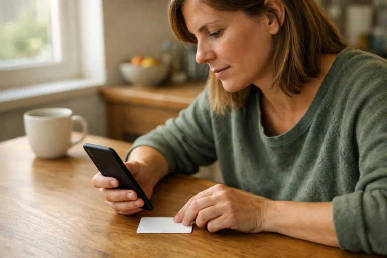 Persoon bekijkt een smartphone aan de keukentafel met een betaalpas ernaast.