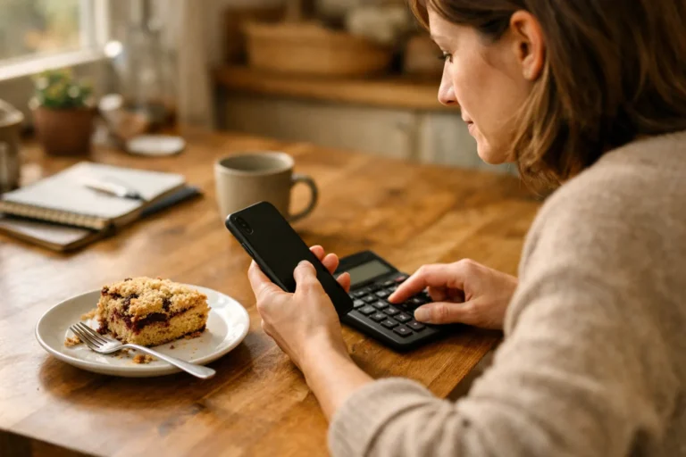 Persoon die aan de keukentafel met een telefoon en rekenmachine de engagement rate van een Instagram bericht berekent.