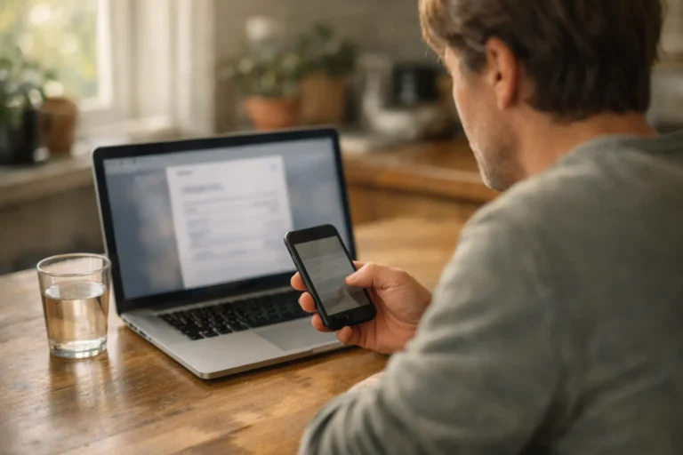 Een persoon controleert een abonnementsbetaling met een telefoon en laptop aan de keukentafel.